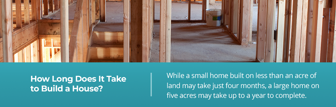 How Long Does It Take to Build a House?: While a small home built on less than an acre of land may take just four months, a large home on five acres may take up to a year to complete.