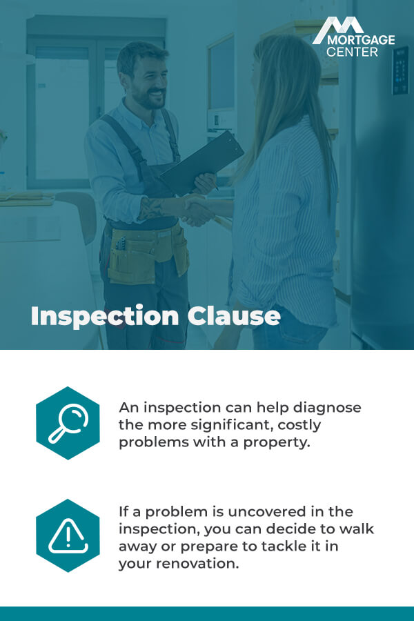 Mortgage Center - inspection clause:  An inspection can help diagnose the more significant, costly problems with a property. If a problem is uncovered in the inspection, you can decide to walk away or prepare to tackle it in your renovation.