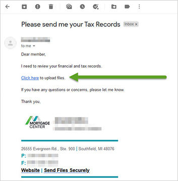 screenshot of example email showing where to click to upload files