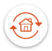 orange refinance icon with a home and arrows around it